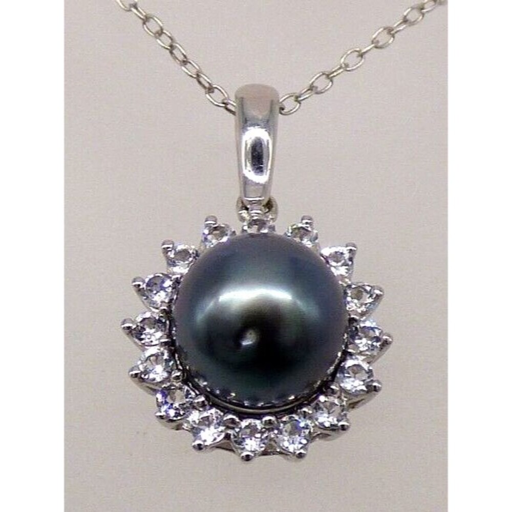 Black Tahitian Pearl Pendant Necklace Chuck Clemency STS 925 Sterling Sparkly!